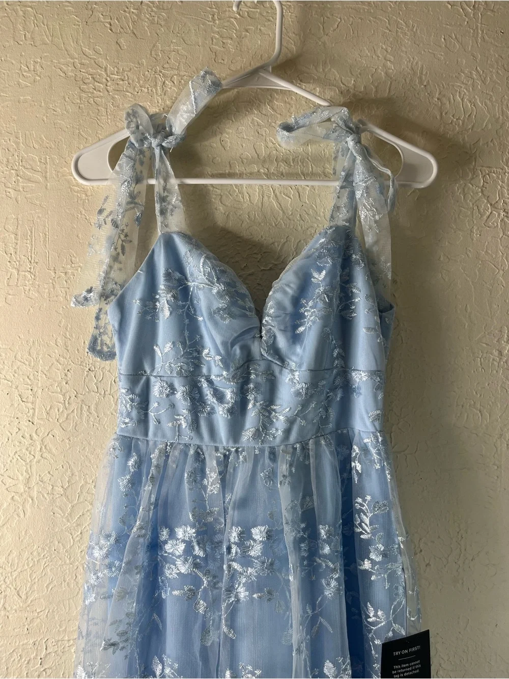 Lulu's Distinctly Sweet Blue Floral Embroidered Tie Strap Midi Dress - Picture 4 of 15